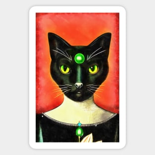 Portrait of black cat with green stone Sticker